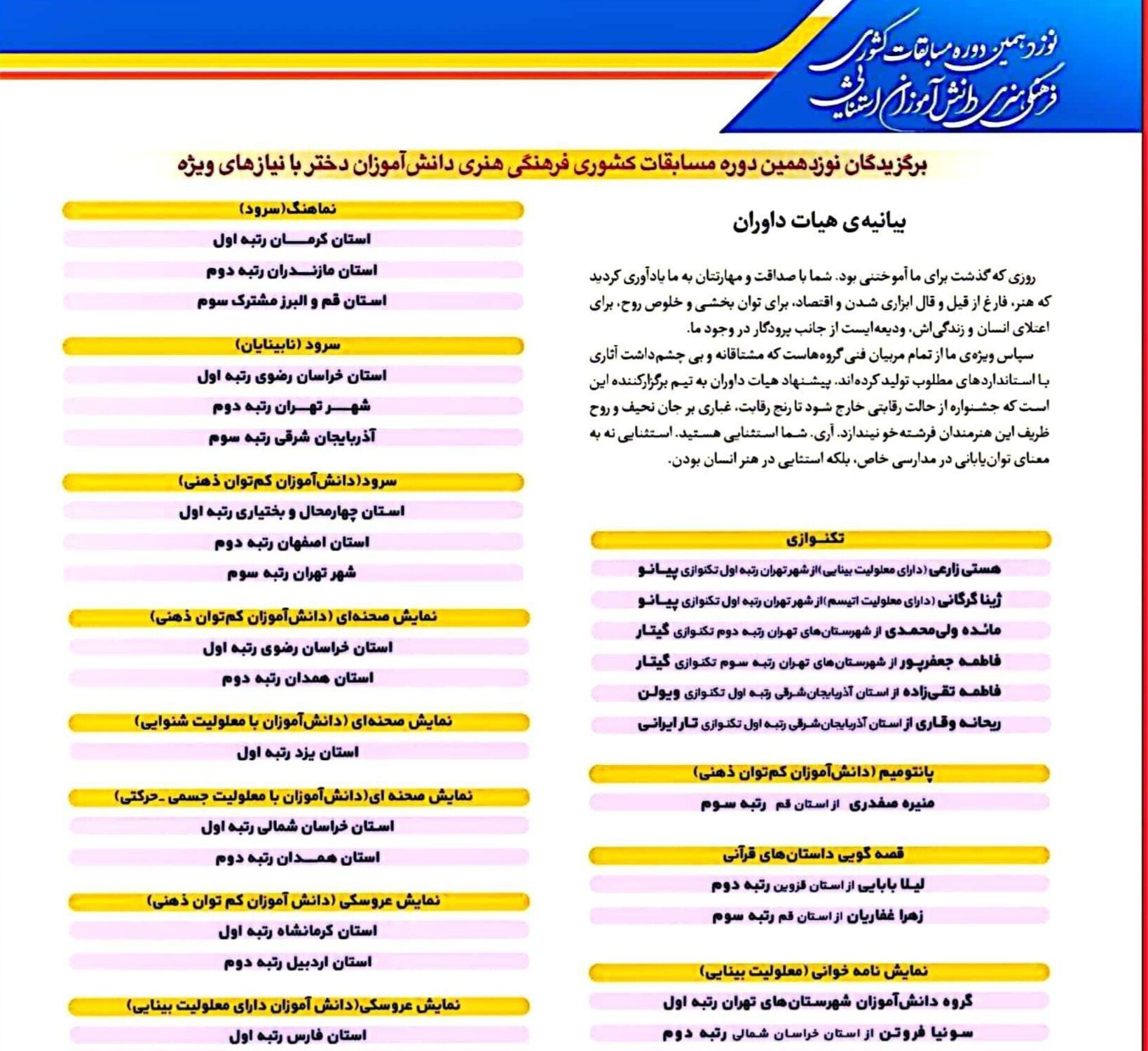 افتخار آفرینی دانش آموز شهرستان مانه و سملقانی در نوزدهمین دوره مسابقات کشوری فرهنگی هنری دانش آموزان دختر با نیاز‌های ویژه