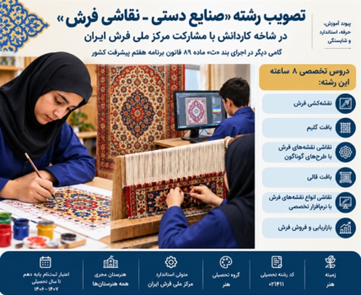 تصویب رشته «صنایع دستی - نقاشی فرش» در شاخه کاردانش؛ گامی راهبردی برای پیوند آموزش‌های فنی با نیازهای ملی