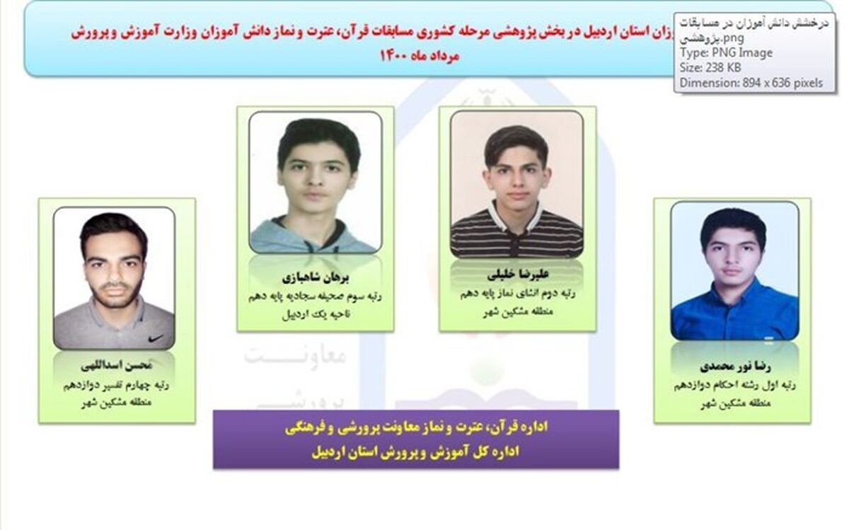 درخشش دانش‌آموزان اردبیلی در بخش پژوهشی مسابقات کشوری قرآن، عترت و نماز وزارت آموزش و پرورش