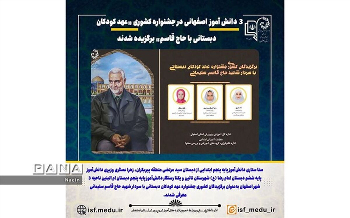 برگزیده شدن دانش‌آموز نایینی در جشنواره عهد کودکان دبستانی با حاج قاسم