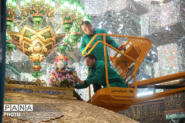 گل آرایی ضریح مطهر حضرت معصومه(س) در شب میلاد امام رضا(ع)