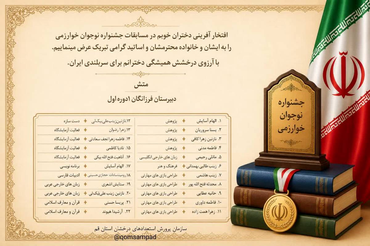 درخشش دانش‌آموزان دبیرستان فرزانگان یک قم در مسابقات نوجوان خوارزمی