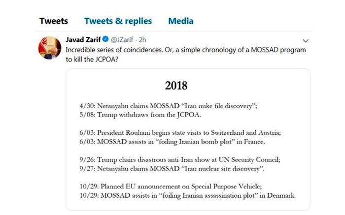 روزشمار ظریف از وقایع برنامه‌ریزی‌شده موساد برای نابودی برجام