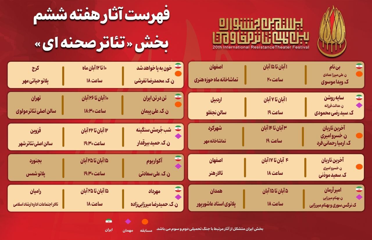 آثار هفته ششم بخش «تئاتر صحنه‌ای» جشنواره بین‌المللی تئاتر مقاومت 
